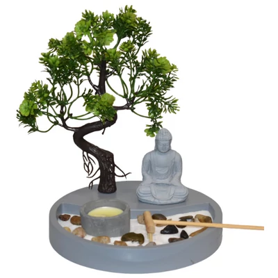 Zen kert bonsai fával, Buddhával, kerek