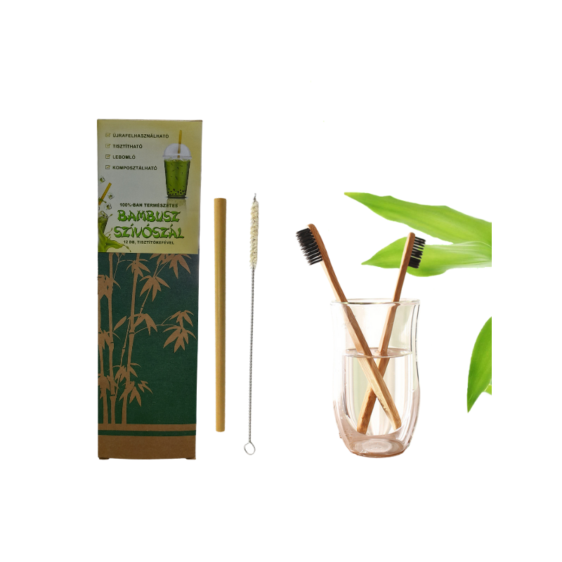 Környezetvédő csomag bambusz szívószállal és fogkefével