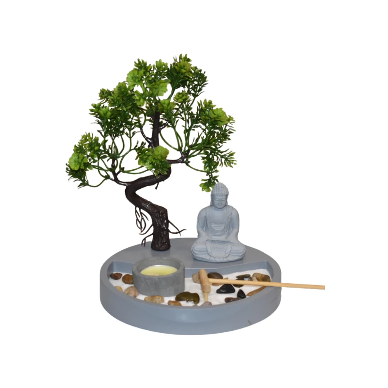 Zen kert bonsai fával, Buddhával, kerek