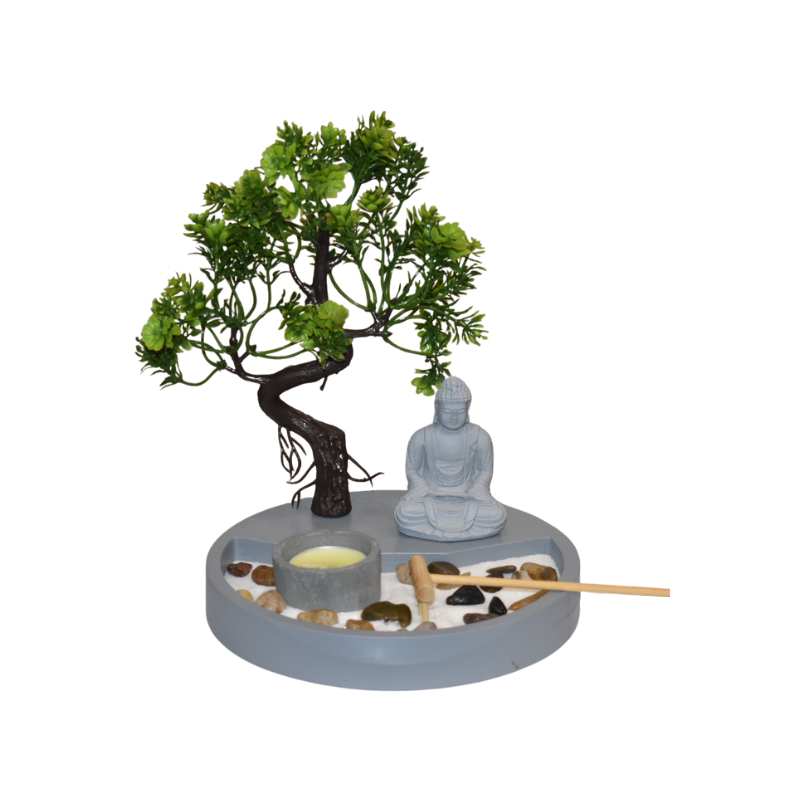 Zen kert bonsai fával, Buddhával, kerek